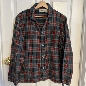 LL Bean Scotch Plaid Flannel‎ Pajama Top M Regular Gray Red Cotton Sleep Shirt